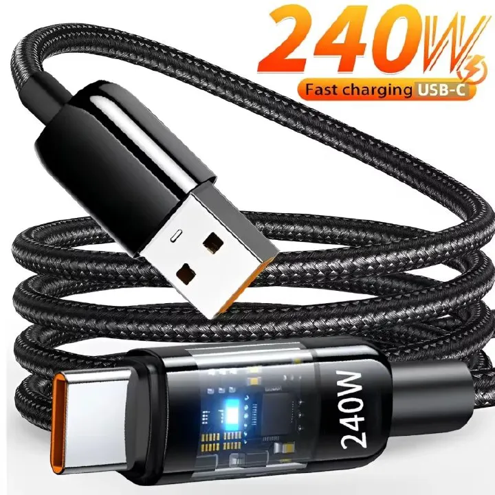 240W Fast Charging Cable USB Type C Transparent Mobile Phone Data Line for Samsung Xiaomi Android IPhone 16 15 USBC Charger Cord