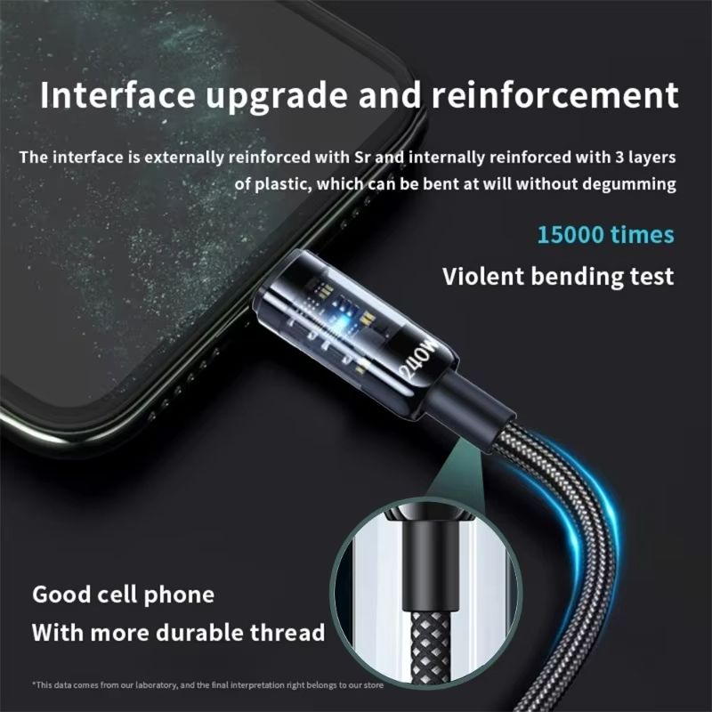240W Fast Charging Cable USB Type C Transparent Mobile Phone Data Line for Samsung Xiaomi Android IPhone 16 15 USBC Charger Cord