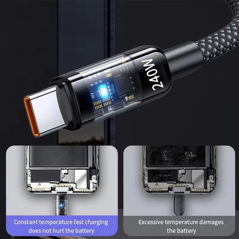 240W Fast Charging Cable USB Type C Transparent Mobile Phone Data Line for Samsung Xiaomi Android IPhone 16 15 USBC Charger Cord