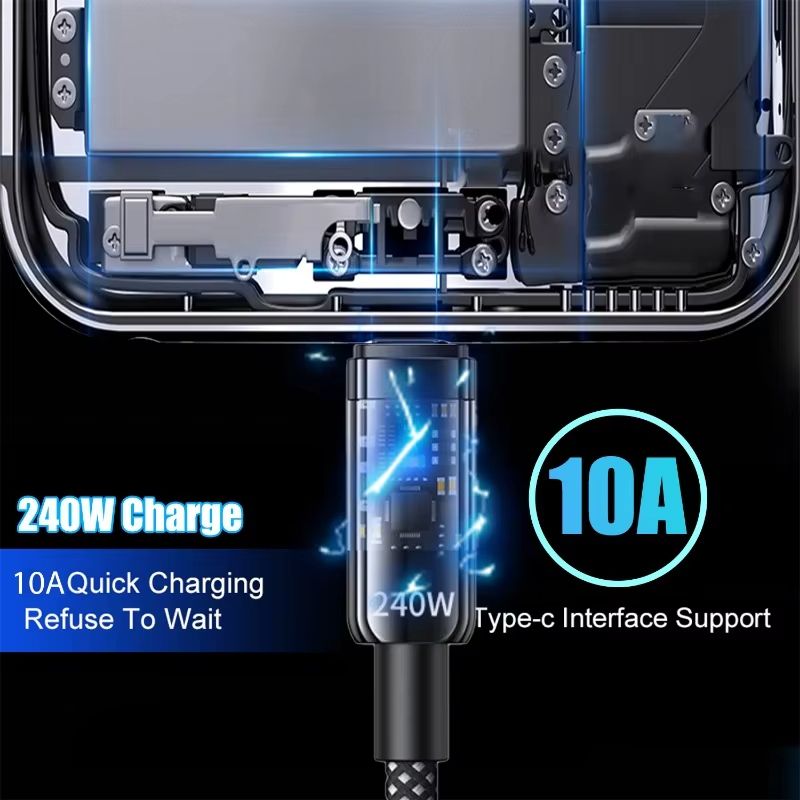 240W Fast Charging Cable USB Type C Transparent Mobile Phone Data Line for Samsung Xiaomi Android IPhone 16 15 USBC Charger Cord