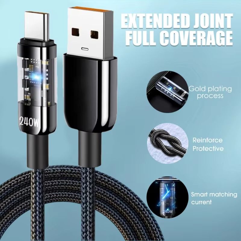 240W Fast Charging Cable USB Type C Transparent Mobile Phone Data Line for Samsung Xiaomi Android IPhone 16 15 USBC Charger Cord