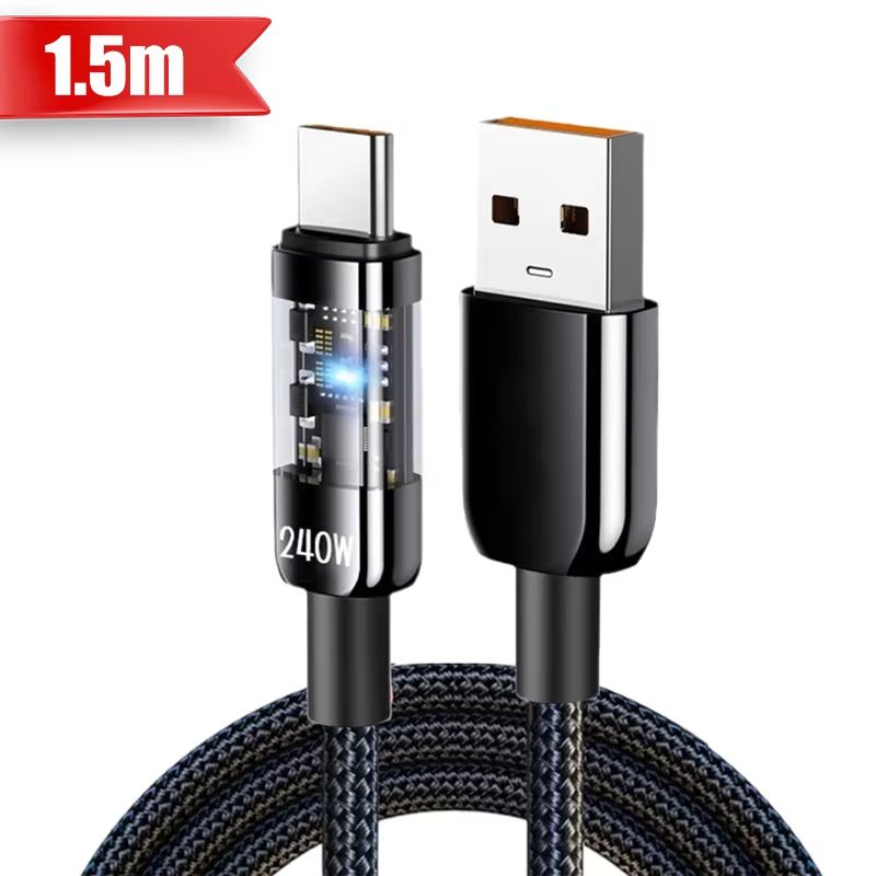 240W Fast Charging Cable USB Type C Transparent Mobile Phone Data Line for Samsung Xiaomi Android IPhone 16 15 USBC Charger Cord