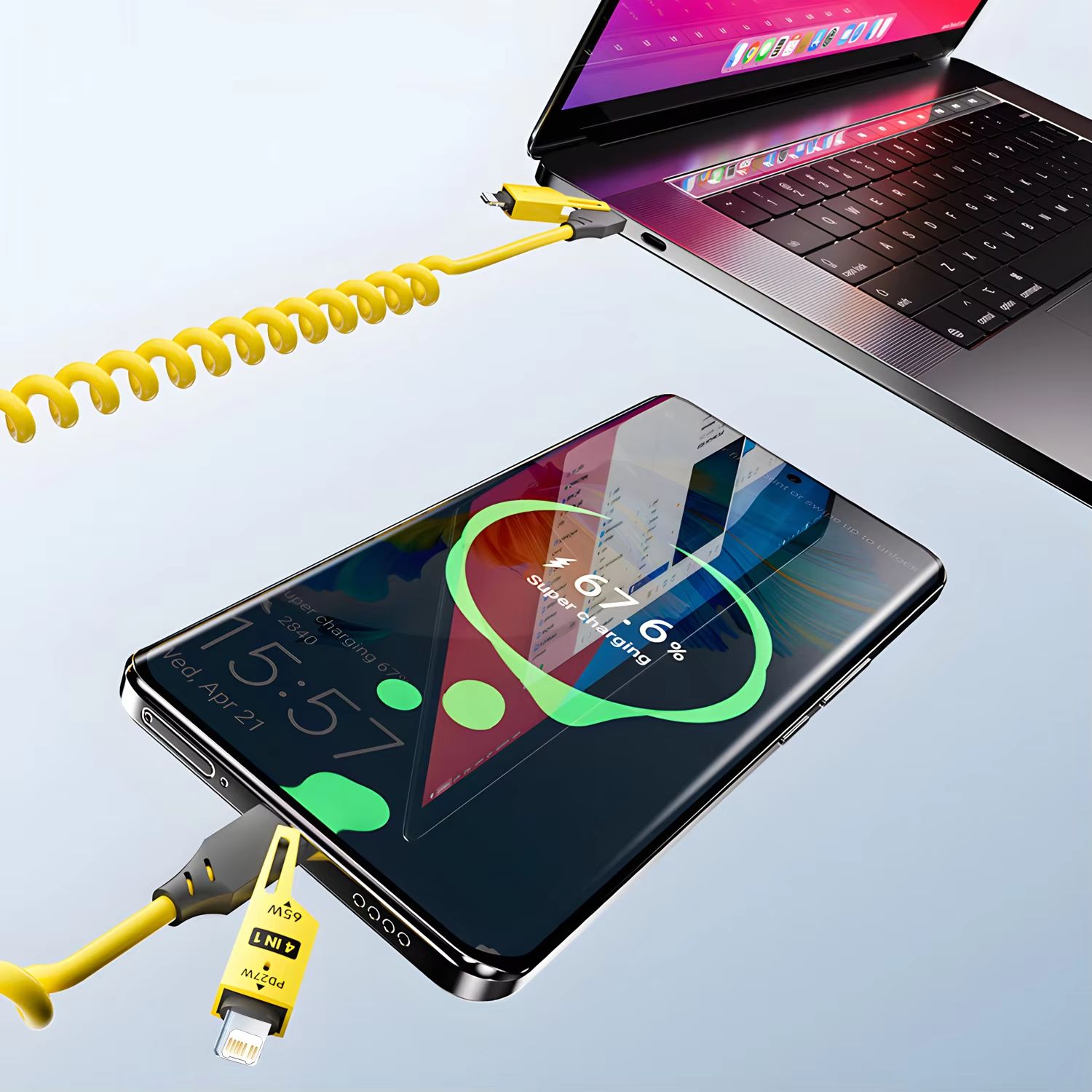 65W 4 in 1 Spring Short Data Cable 6A USB Type C Spring Telescopic Quick Charger Wire Spring USB Cable for iPhone iPad MacBook