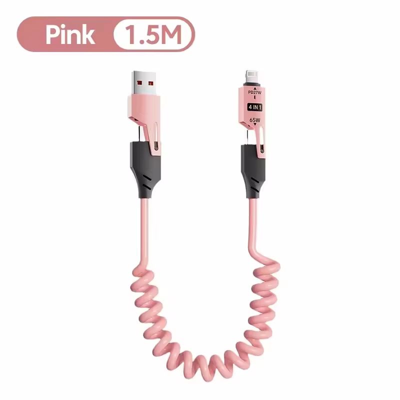 65W 4 in 1 Spring Short Data Cable 6A USB Type C Spring Telescopic Quick Charger Wire Spring USB Cable for iPhone iPad MacBook