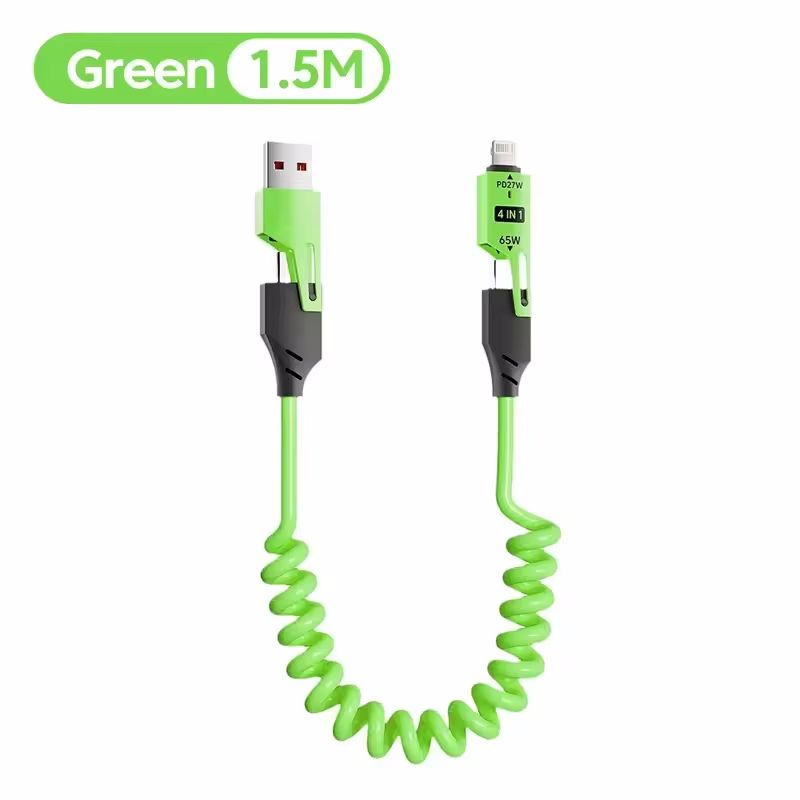 65W 4 in 1 Spring Short Data Cable 6A USB Type C Spring Telescopic Quick Charger Wire Spring USB Cable for iPhone iPad MacBook