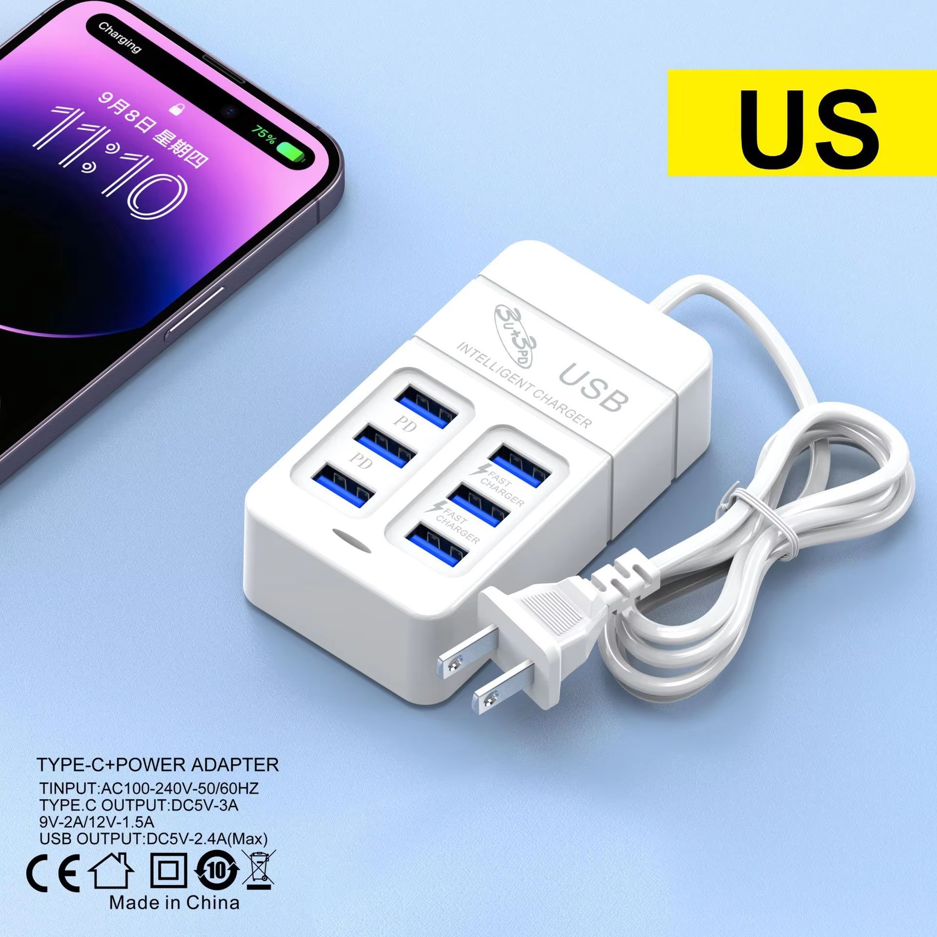 6Ports Multiport USB Charger 35W PD Type-C Mobile Phone Fast Chargin Quick Type C Wall Chargers TypeC Hub Adapter EU US Plug