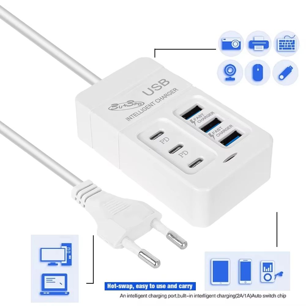 6Ports Multiport USB Charger 35W PD Type-C Mobile Phone Fast Chargin Quick Type C Wall Chargers TypeC Hub Adapter EU US Plug
