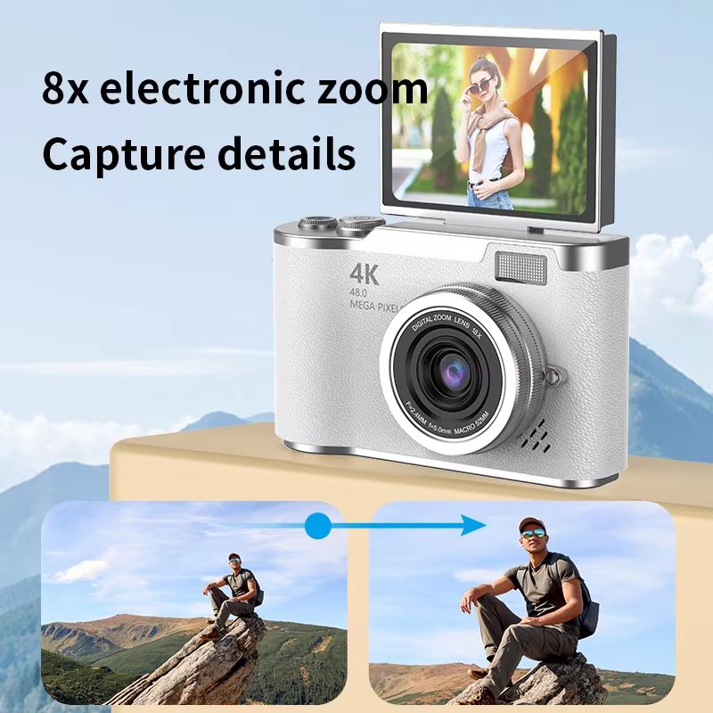 4K CCD 8X Digital Zoom Digital Camera for Student 48MP Compact Digital Photography Camera 180°Flip Screen Selfile Camera RENEAR