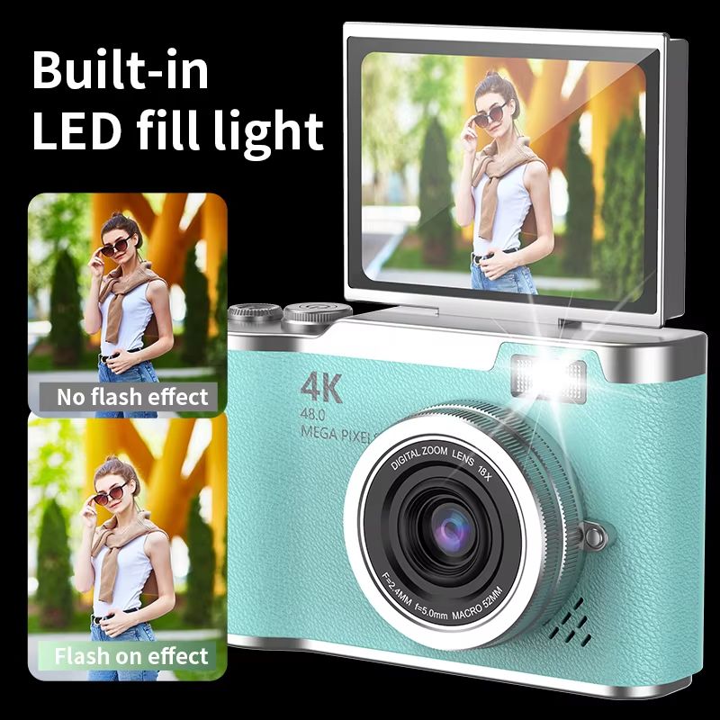 4K CCD 8X Digital Zoom Digital Camera for Student 48MP Compact Digital Photography Camera 180°Flip Screen Selfile Camera RENEAR