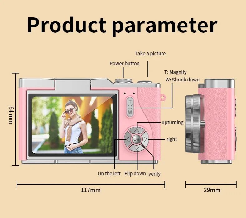 4K CCD 8X Digital Zoom Digital Camera for Student 48MP Compact Digital Photography Camera 180°Flip Screen Selfile Camera RENEAR