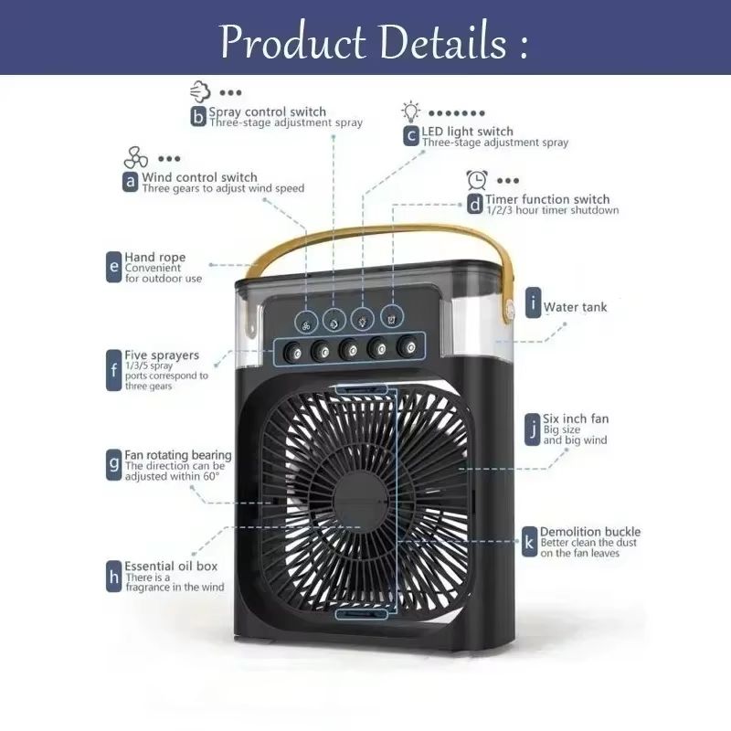 New Portable humidifier fan three in one, mini USB air conditioning fan, LED night light, water mist, home fun air cooler humidi