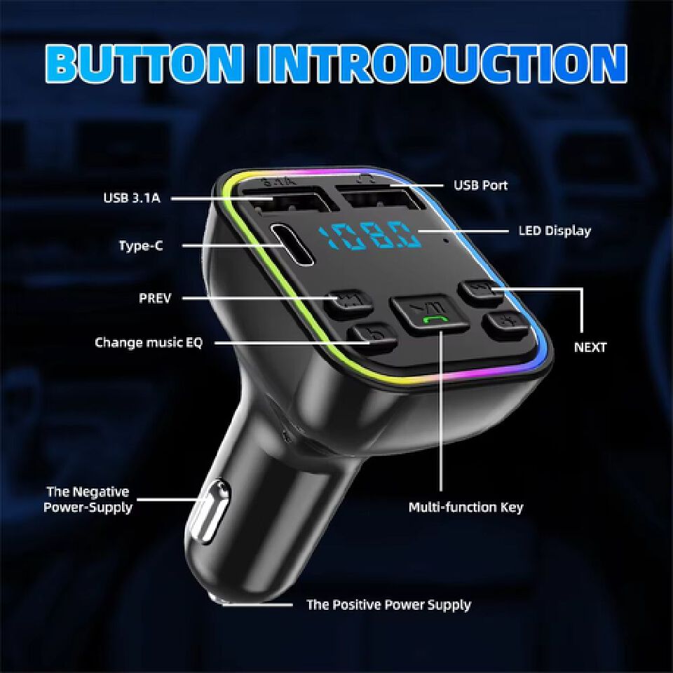 Bluetooth 5.0 FM Wireless Audio Transmitter Car Handsfree PD Type-C Dual USB 3.1A Fast Charger Car MP3 Player Audio Receiver