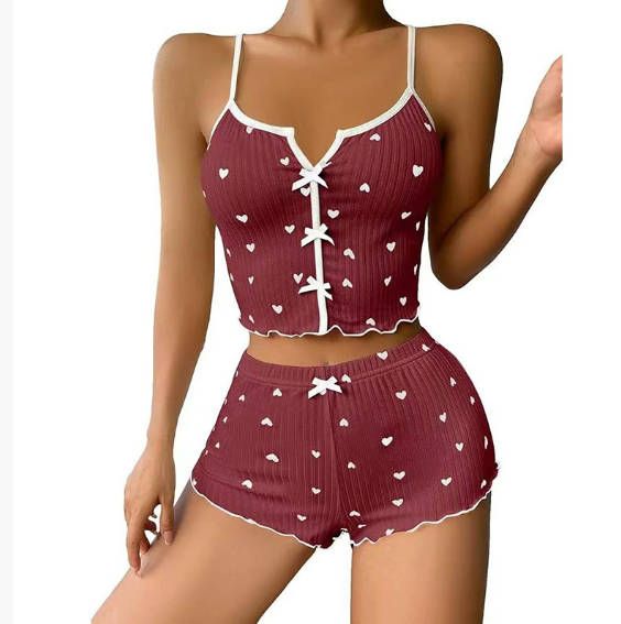 New 2025 Women's Knitted Pajama Set  Style Home Clothes Love Printed Strap Shorts Gift for Ladies