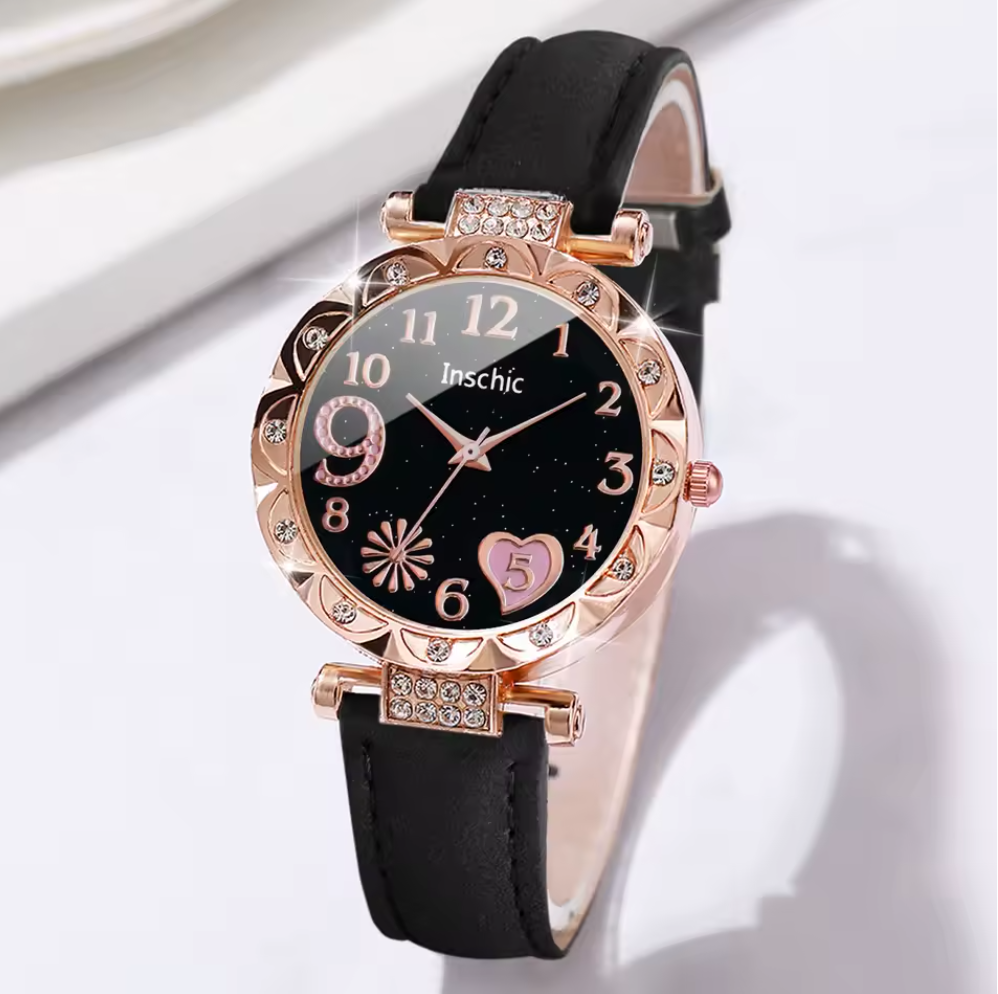 6PCS/Set Fashion Rhinestone Women's Watches Ladies Heart Dial Quartz Watch Leaf Bracelets Set Local fast delivery