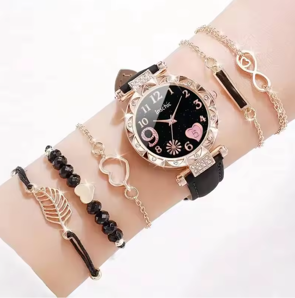 6PCS/Set Fashion Rhinestone Women's Watches Ladies Heart Dial Quartz Watch Leaf Bracelets Set Local fast delivery