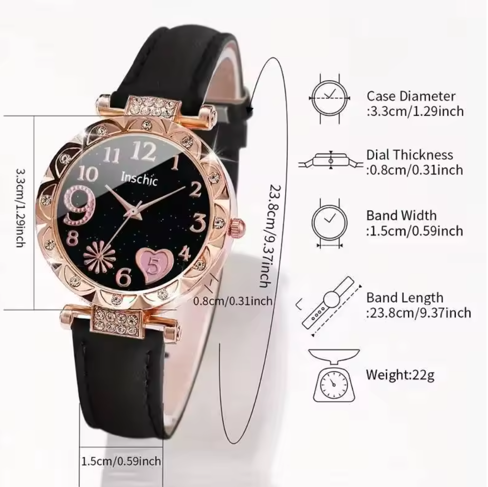 6PCS/Set Fashion Rhinestone Women's Watches Ladies Heart Dial Quartz Watch Leaf Bracelets Set Local fast delivery