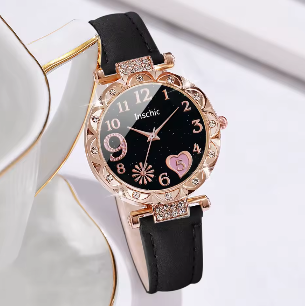 6PCS/Set Fashion Rhinestone Women's Watches Ladies Heart Dial Quartz Watch Leaf Bracelets Set Local fast delivery