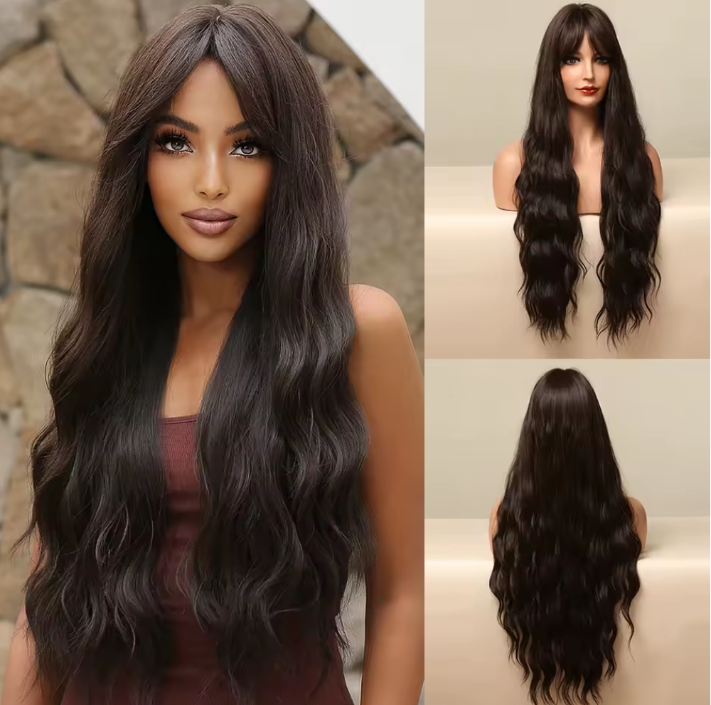 Long Wavy Gray Ash Brown Blonde Ombre  Wigs with Bangs Cosplay Natural Curly Hair Wig for Women Fast delivery within 1-5 days
