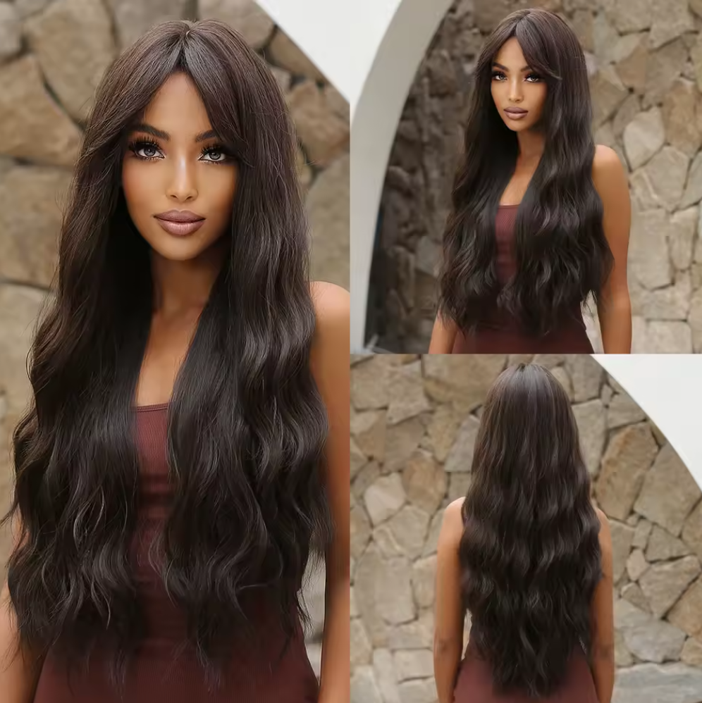 Long Wavy Gray Ash Brown Blonde Ombre  Wigs with Bangs Cosplay Natural Curly Hair Wig for Women Fast delivery within 1-5 days