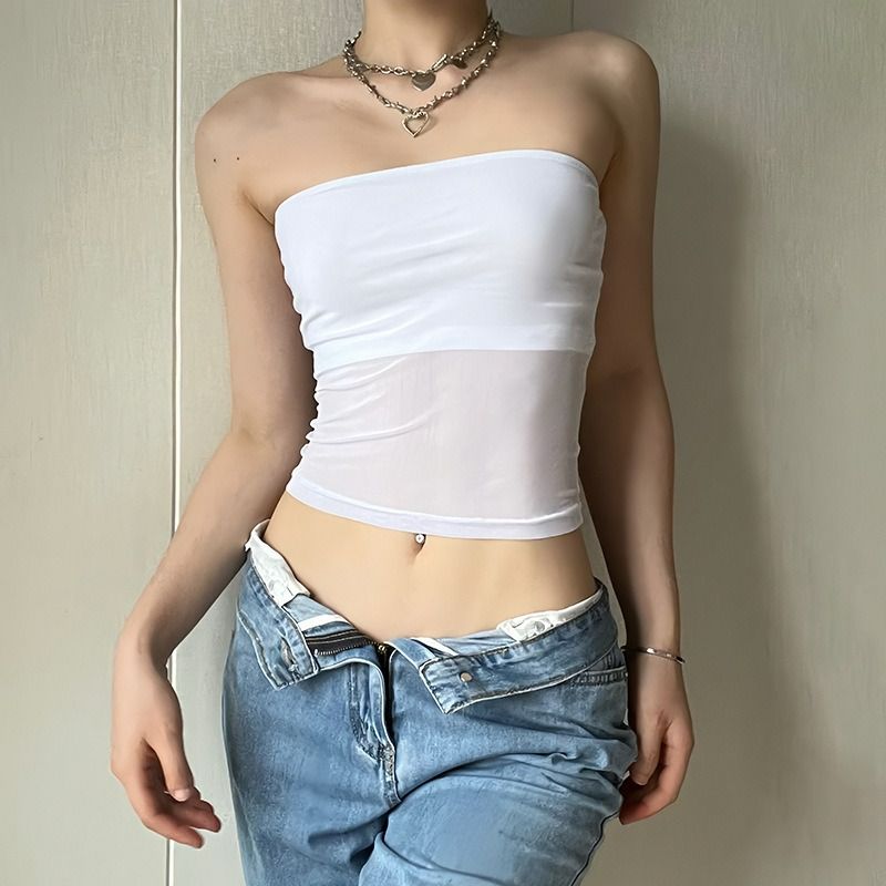 “K golbuy”Mesh crop top with exposed waist, summer sexy chic fitted off-shoulder short vest for women