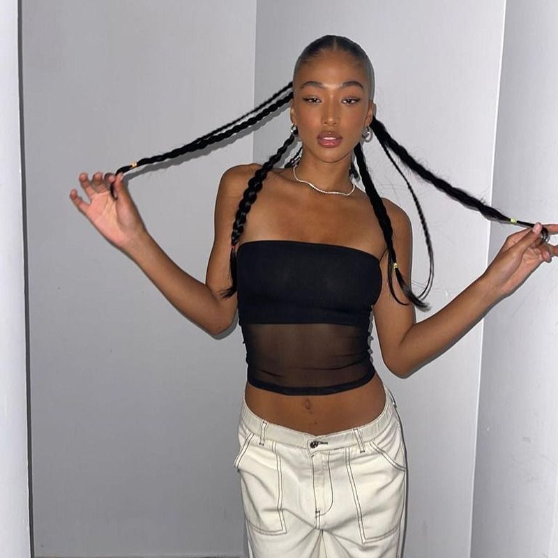 “K golbuy”Mesh crop top with exposed waist, summer sexy chic fitted off-shoulder short vest for women