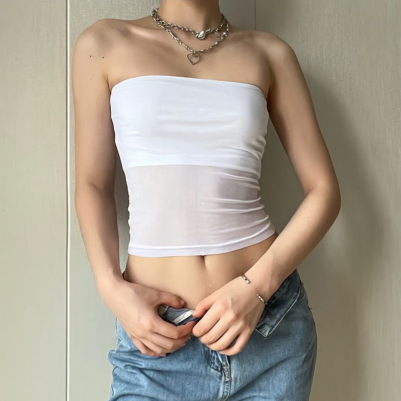 “K golbuy”Mesh crop top with exposed waist, summer sexy chic fitted off-shoulder short vest for women