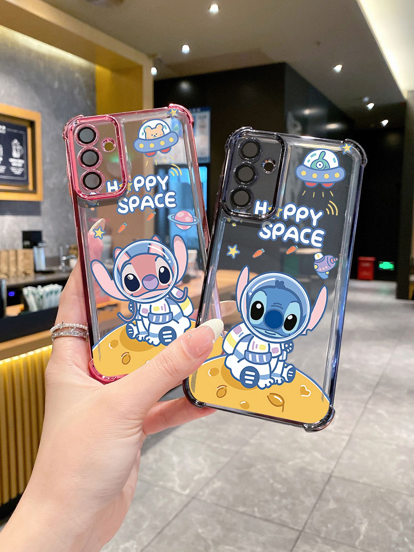 For Samsung Galaxy A15 A05 A35 A55 A14 A34 A33 A53 A73 A32 A56 A36 A06 A16 Couple Astronaut Stitch Plating Frame Clear Phone Case Anti-shock Cover