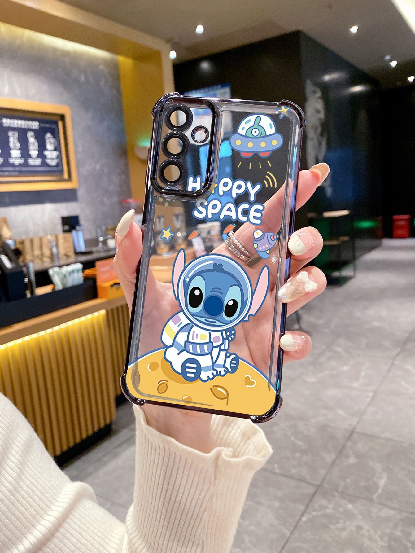 For Samsung Galaxy A15 A05 A35 A55 A14 A34 A33 A53 A73 A32 A56 A36 A06 A16 Couple Astronaut Stitch Plating Frame Clear Phone Case Anti-shock Cover