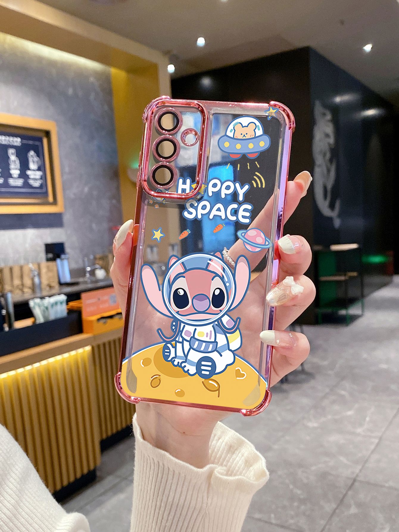 For Samsung Galaxy A15 A05 A35 A55 A14 A34 A33 A53 A73 A32 A56 A36 A06 A16 Couple Astronaut Stitch Plating Frame Clear Phone Case Anti-shock Cover