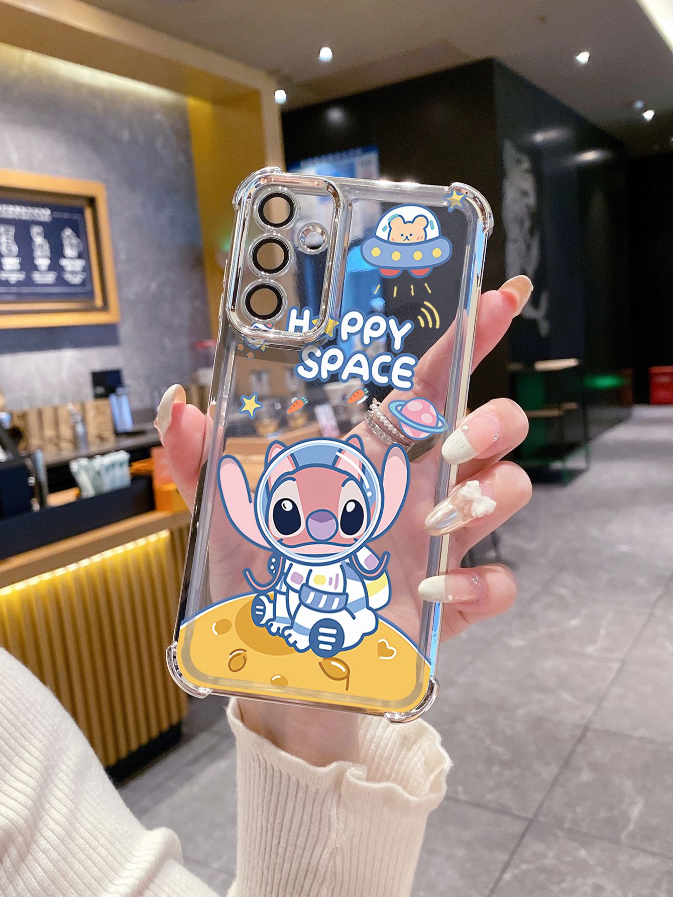 For Samsung Galaxy A15 A05 A35 A55 A14 A34 A33 A53 A73 A32 A56 A36 A06 A16 Couple Astronaut Stitch Plating Frame Clear Phone Case Anti-shock Cover