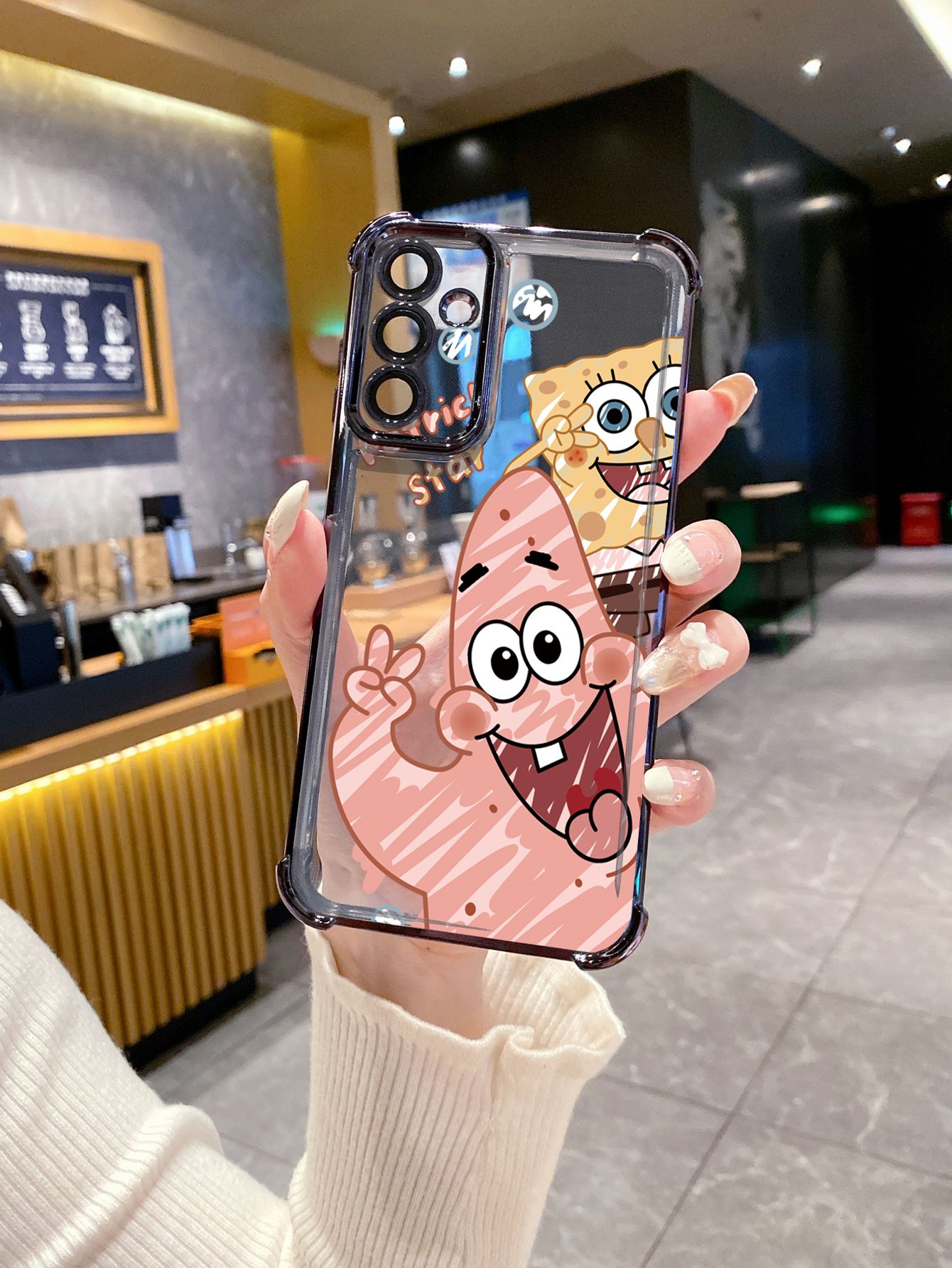For iPhone 16 15 Pro Max 14 Plus 13 12 11 XR 8 7 SE 2022 XS SpongeBob Couple Plating Frame Clear Phone Case Anti-shock Cover