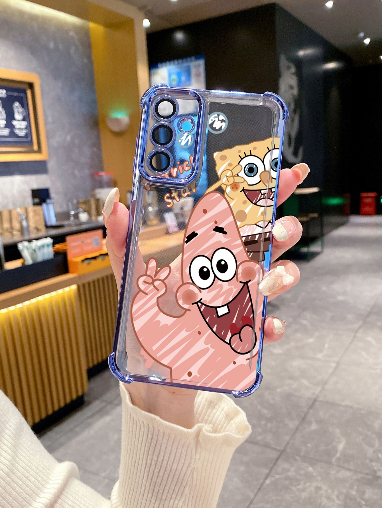 For iPhone 16 15 Pro Max 14 Plus 13 12 11 XR 8 7 SE 2022 XS SpongeBob Couple Plating Frame Clear Phone Case Anti-shock Cover