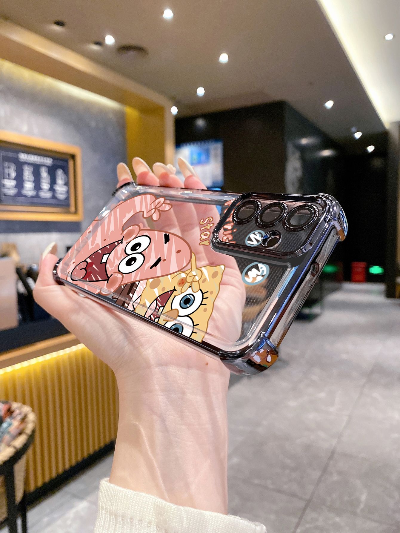 For iPhone 16 15 Pro Max 14 Plus 13 12 11 XR 8 7 SE 2022 XS SpongeBob Couple Plating Frame Clear Phone Case Anti-shock Cover
