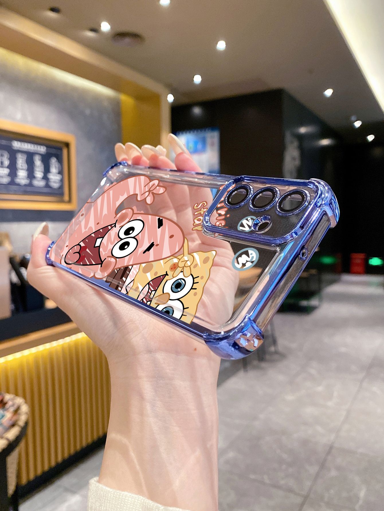 For iPhone 16 15 Pro Max 14 Plus 13 12 11 XR 8 7 SE 2022 XS SpongeBob Couple Plating Frame Clear Phone Case Anti-shock Cover