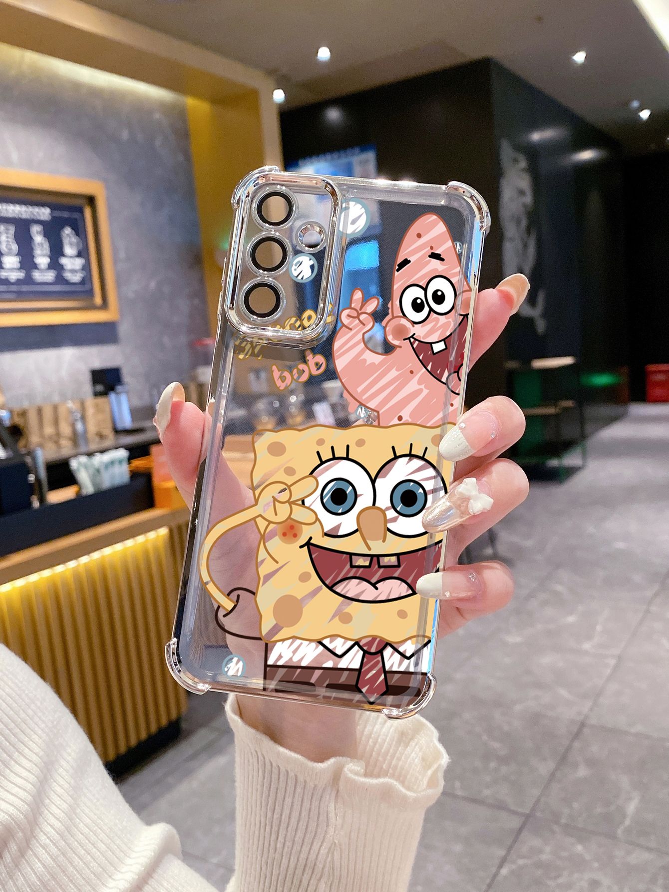 For iPhone 16 15 Pro Max 14 Plus 13 12 11 XR 8 7 SE 2022 XS SpongeBob Couple Plating Frame Clear Phone Case Anti-shock Cover