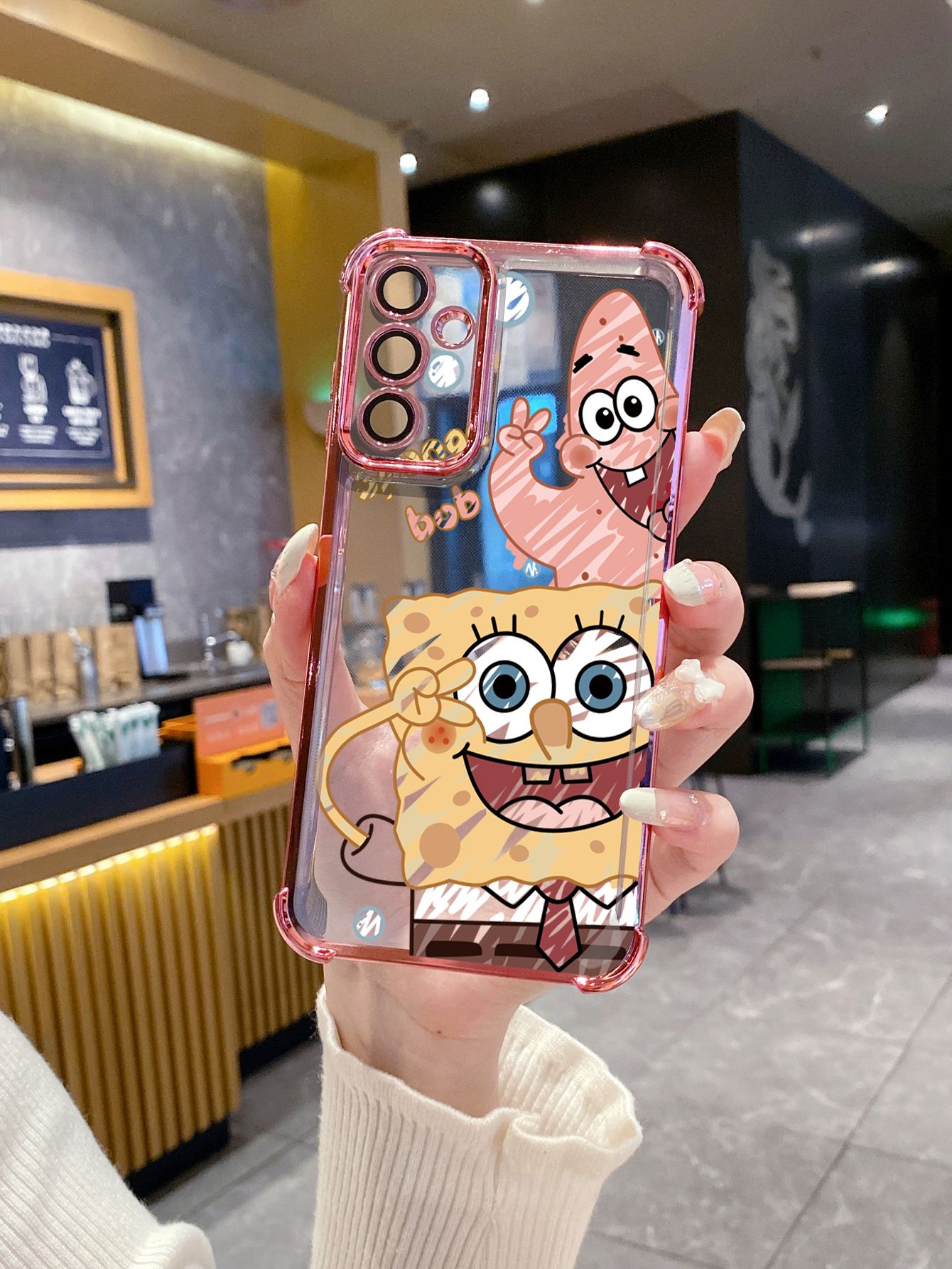 For iPhone 16 15 Pro Max 14 Plus 13 12 11 XR 8 7 SE 2022 XS SpongeBob Couple Plating Frame Clear Phone Case Anti-shock Cover