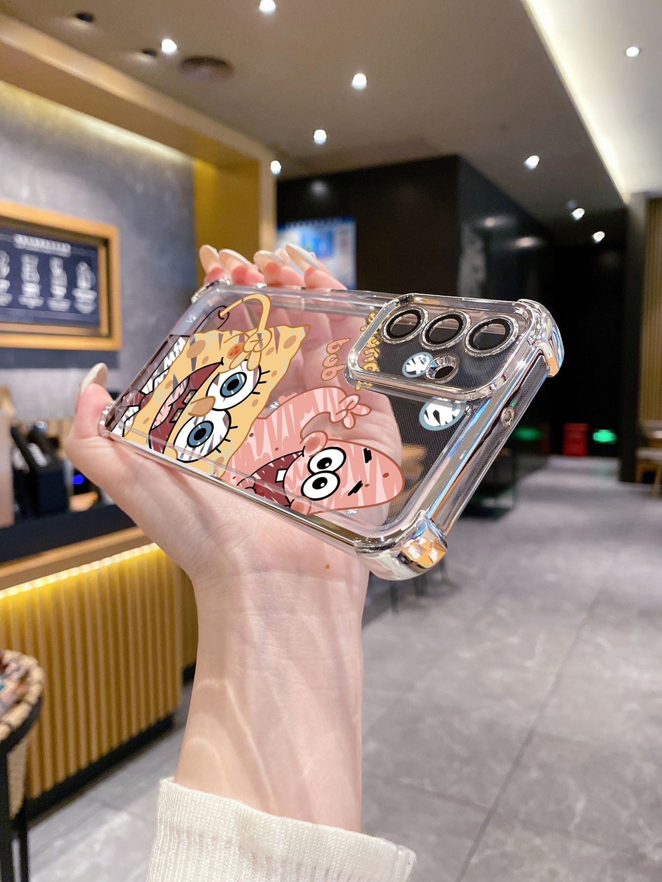 For iPhone 16 15 Pro Max 14 Plus 13 12 11 XR 8 7 SE 2022 XS SpongeBob Couple Plating Frame Clear Phone Case Anti-shock Cover