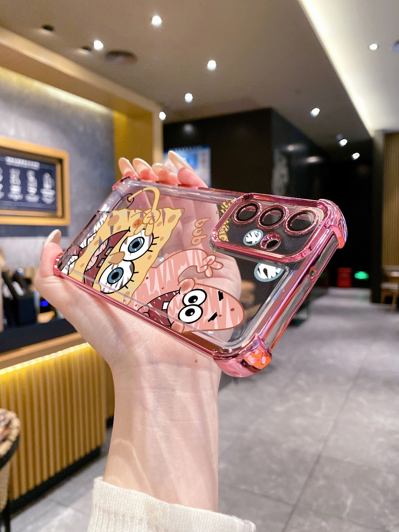 For iPhone 16 15 Pro Max 14 Plus 13 12 11 XR 8 7 SE 2022 XS SpongeBob Couple Plating Frame Clear Phone Case Anti-shock Cover