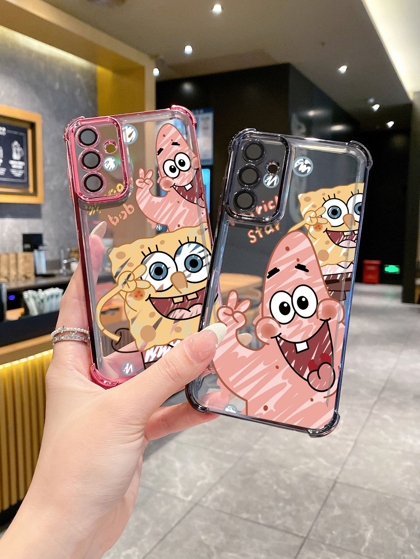 For Samsung Galaxy A15 A05 A35 A55 A14 A34 A33 A53 A73 A32 A56 A36 A06 A16 SpongeBob Couple Plating Frame Clear Phone Case Anti-shock Cover