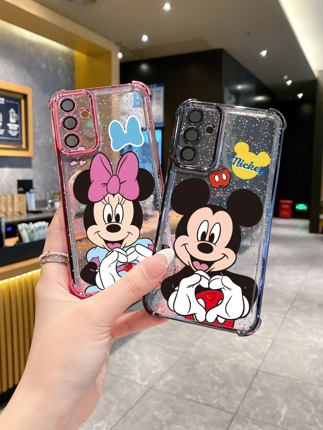 For Samsung Galaxy A15 A05 A35 A55 A14 A34 A33 A53 A73 A32 A56 A36 A06 A16 Mickey Minnie Love Heart Sign Plating Frame Clear Phone Case Anti-shock Cover