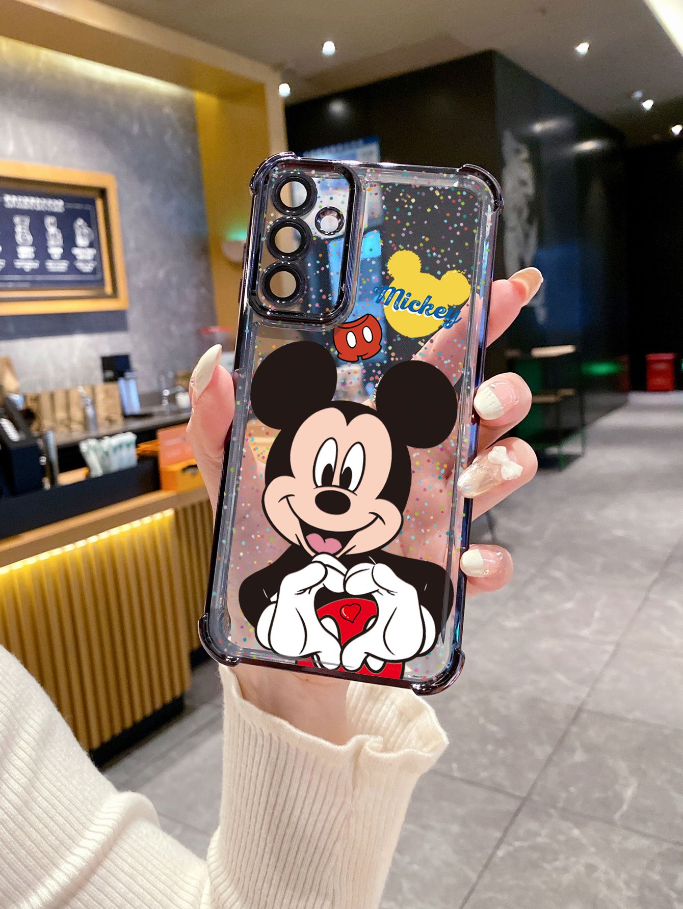 For Samsung Galaxy A15 A05 A35 A55 A14 A34 A33 A53 A73 A32 A56 A36 A06 A16 Mickey Minnie Love Heart Sign Plating Frame Clear Phone Case Anti-shock Cover