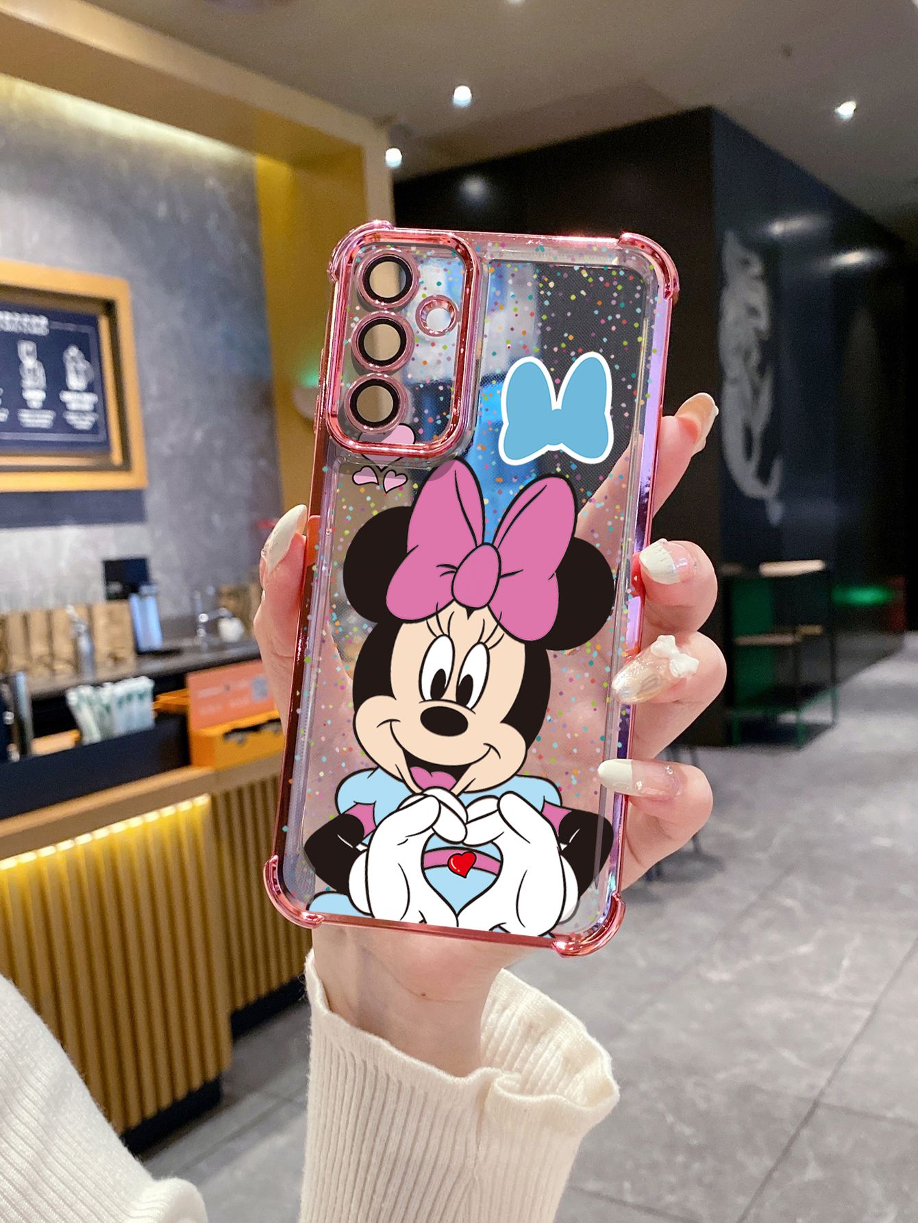 For Samsung Galaxy A15 A05 A35 A55 A14 A34 A33 A53 A73 A32 A56 A36 A06 A16 Mickey Minnie Love Heart Sign Plating Frame Clear Phone Case Anti-shock Cover