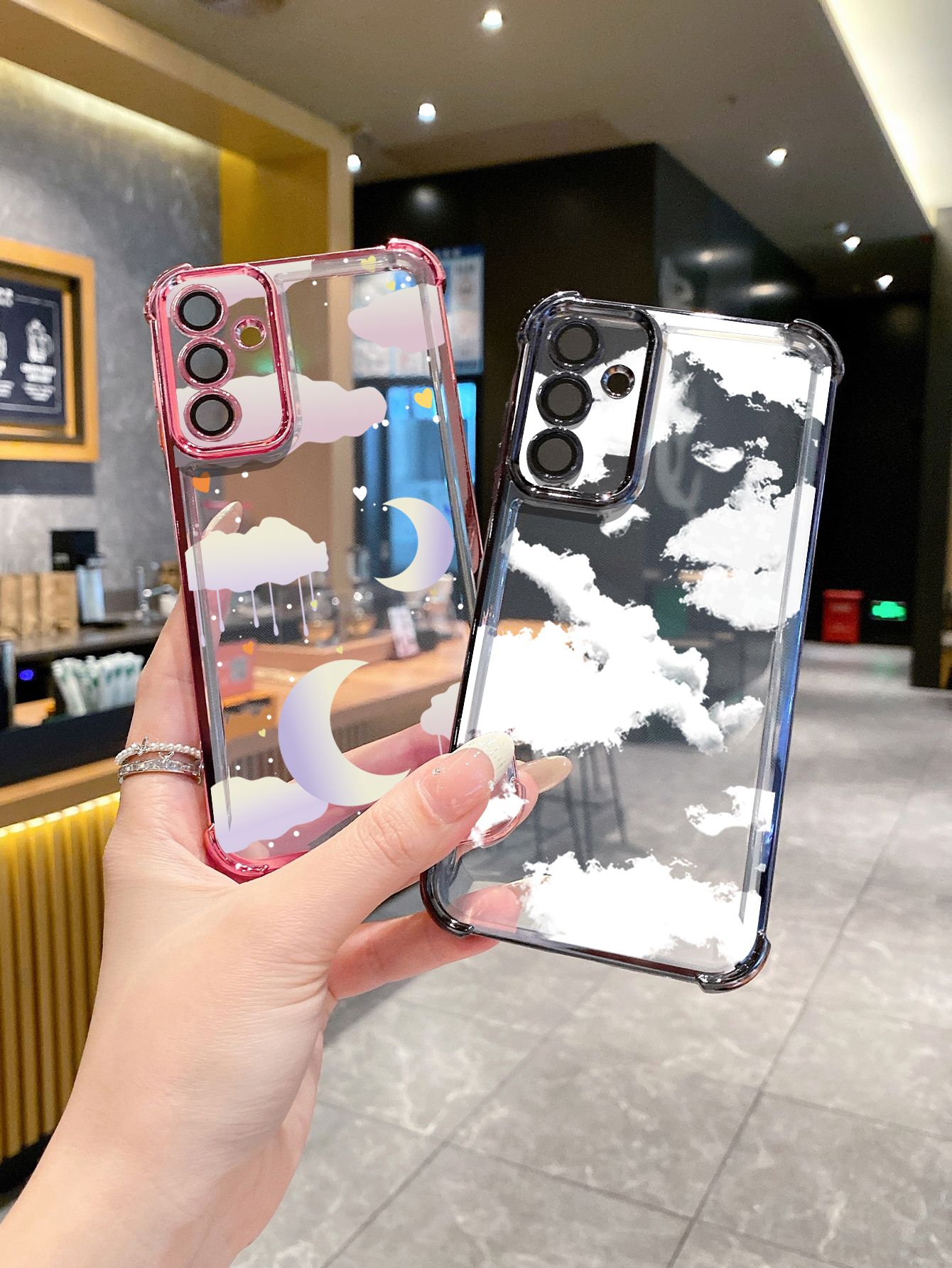 For Samsung Galaxy A15 A05 A35 A55 A14 A34 A33 A53 A73 A32 A56 A36 A06 A16 Cloud Moon Senery Plating Frame Clear Phone Case Anti-shock Cover