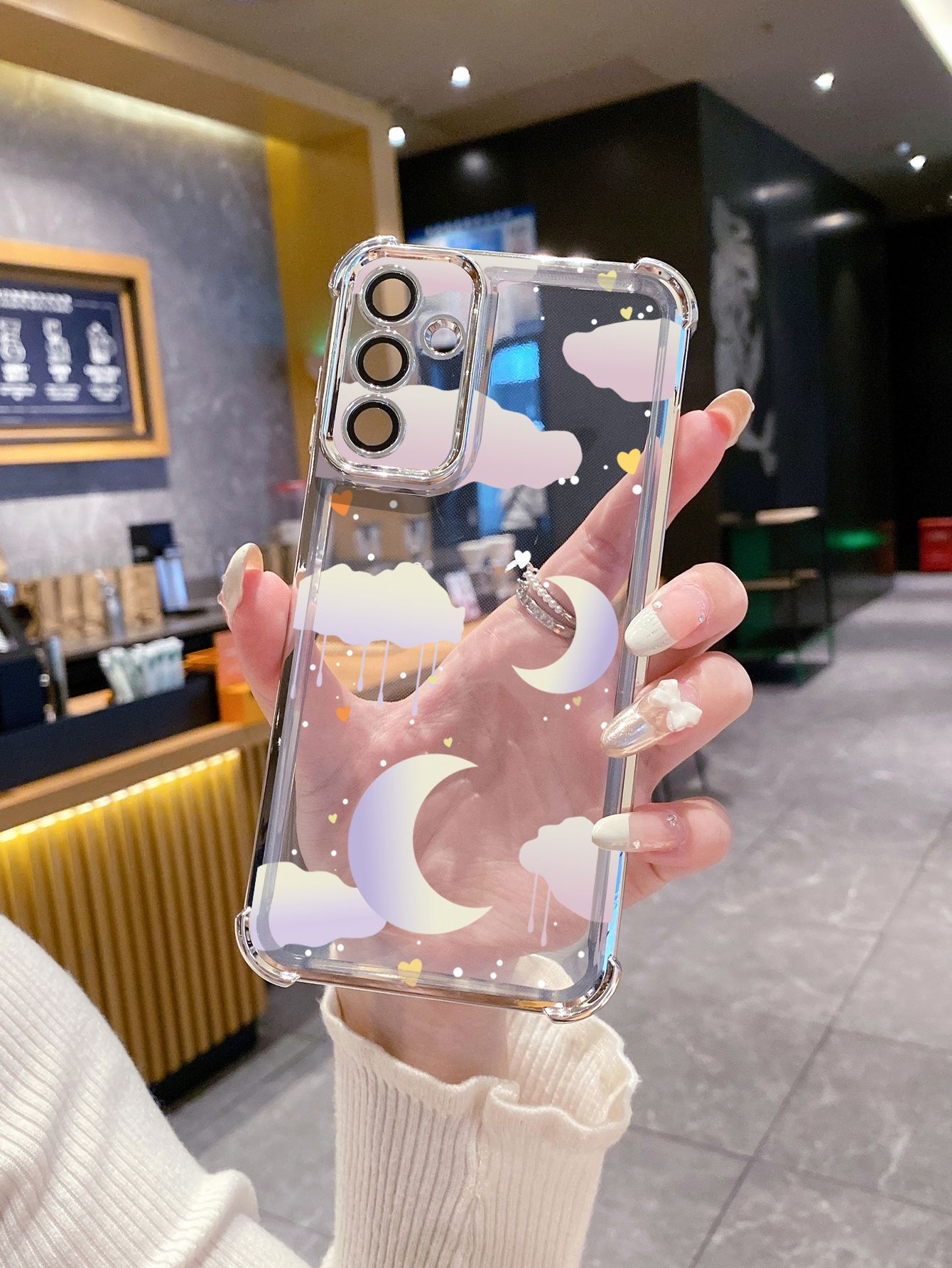 For Samsung Galaxy A15 A05 A35 A55 A14 A34 A33 A53 A73 A32 A56 A36 A06 A16 Cloud Moon Senery Plating Frame Clear Phone Case Anti-shock Cover