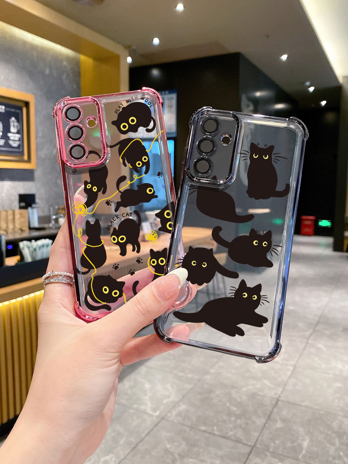 For Samsung Galaxy S25 S24 S23 Ultra S22 Plus S21 FE S20 Black Cats Plating Frame Clear Phone Case Anti-shock Cover