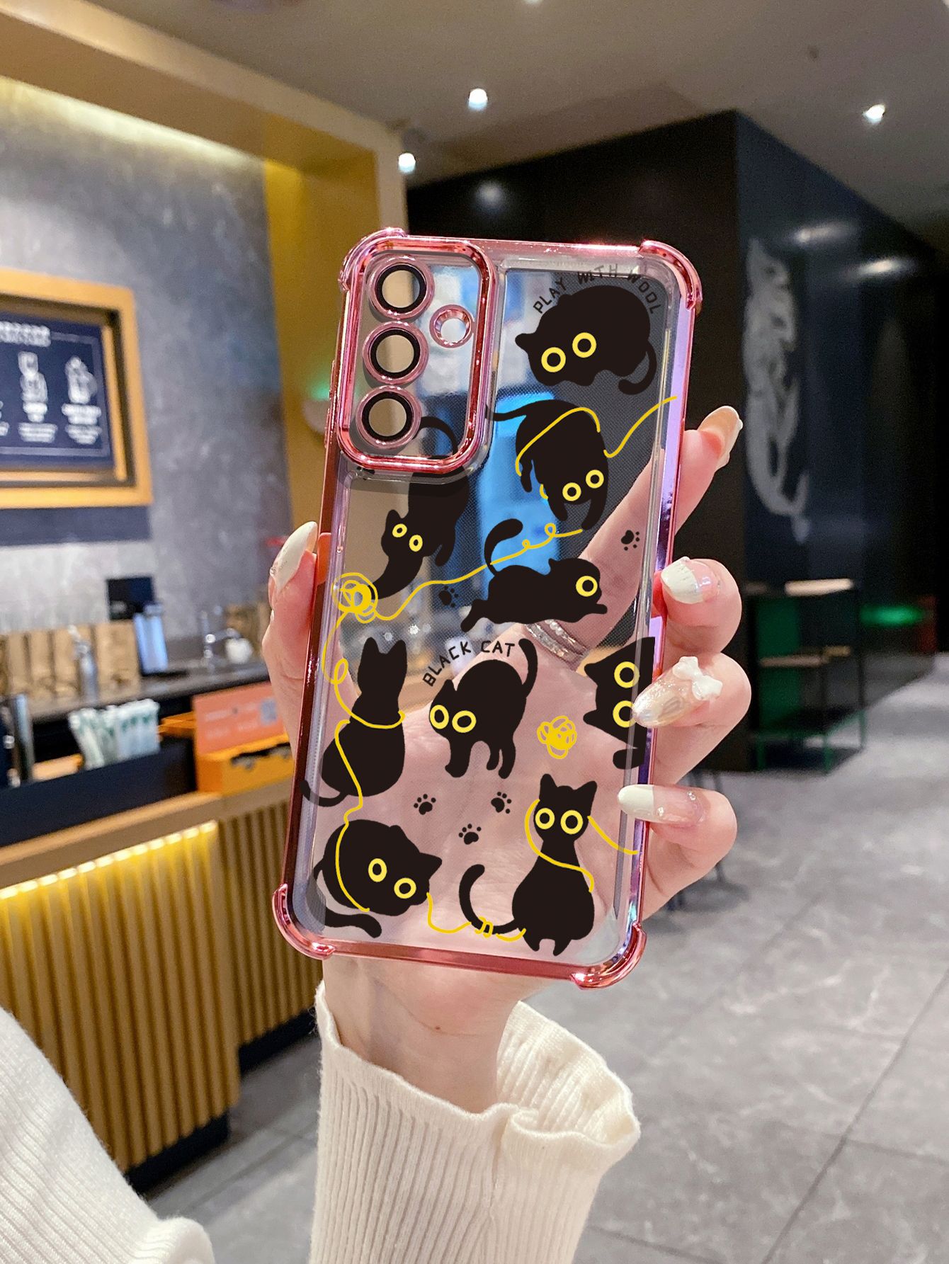 For Samsung Galaxy S25 S24 S23 Ultra S22 Plus S21 FE S20 Black Cats Plating Frame Clear Phone Case Anti-shock Cover