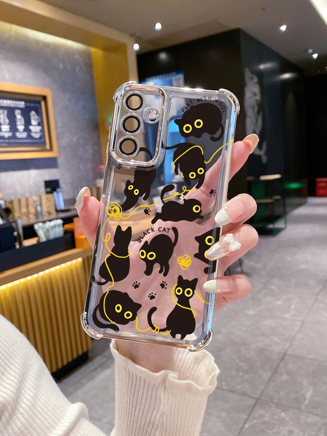 For Samsung Galaxy S25 S24 S23 Ultra S22 Plus S21 FE S20 Black Cats Plating Frame Clear Phone Case Anti-shock Cover