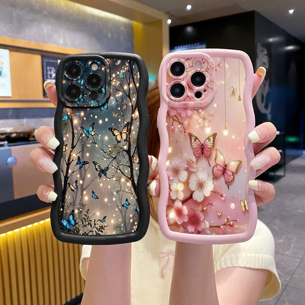 For iPhone 16 Pro Max 15 14 Plus 13 12 11 Pro Max Blue Butterfly Starlight Wave Frame Phone Case Anti Drop Cover