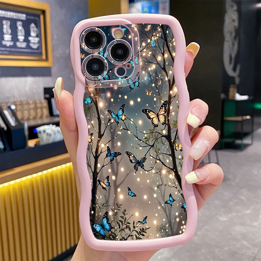 For iPhone 16 Pro Max 15 14 Plus 13 12 11 Pro Max Blue Butterfly Starlight Wave Frame Phone Case Anti Drop Cover