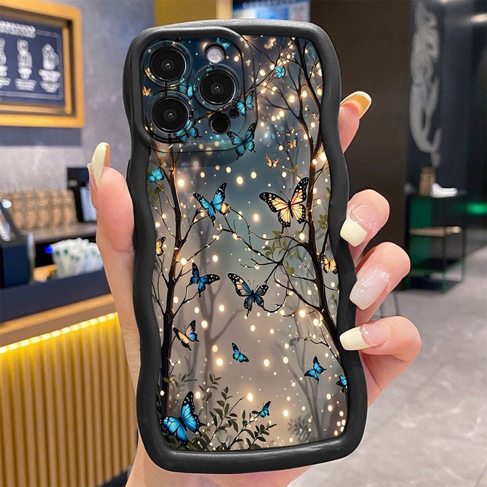 For iPhone 16 Pro Max 15 14 Plus 13 12 11 Pro Max Blue Butterfly Starlight Wave Frame Phone Case Anti Drop Cover